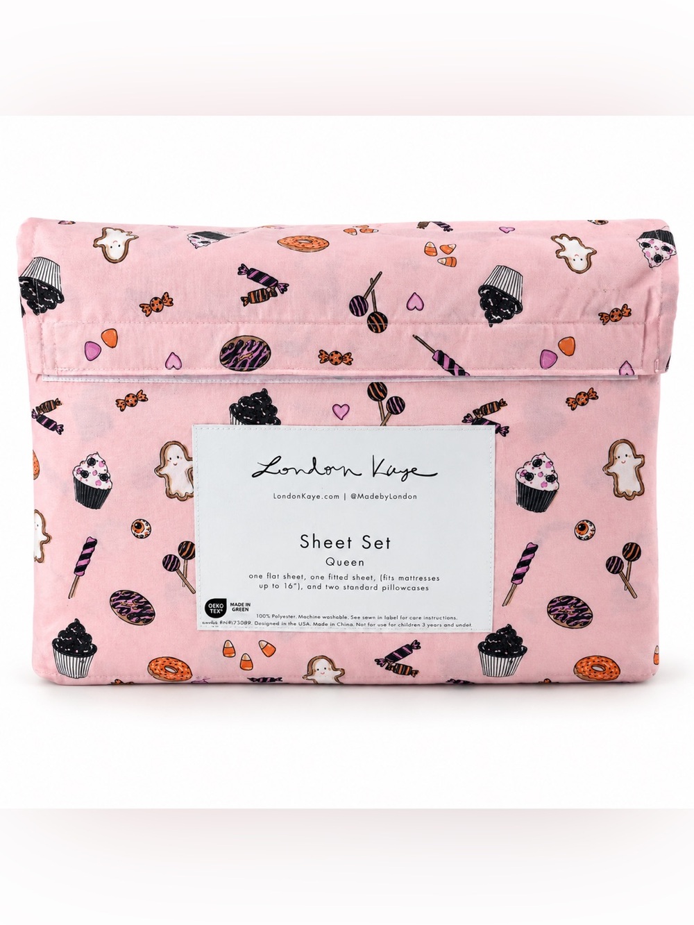 London Kaye Queen Sheet Set Pink Halloween Ghost Cookies Candy Cupcakes 4pc